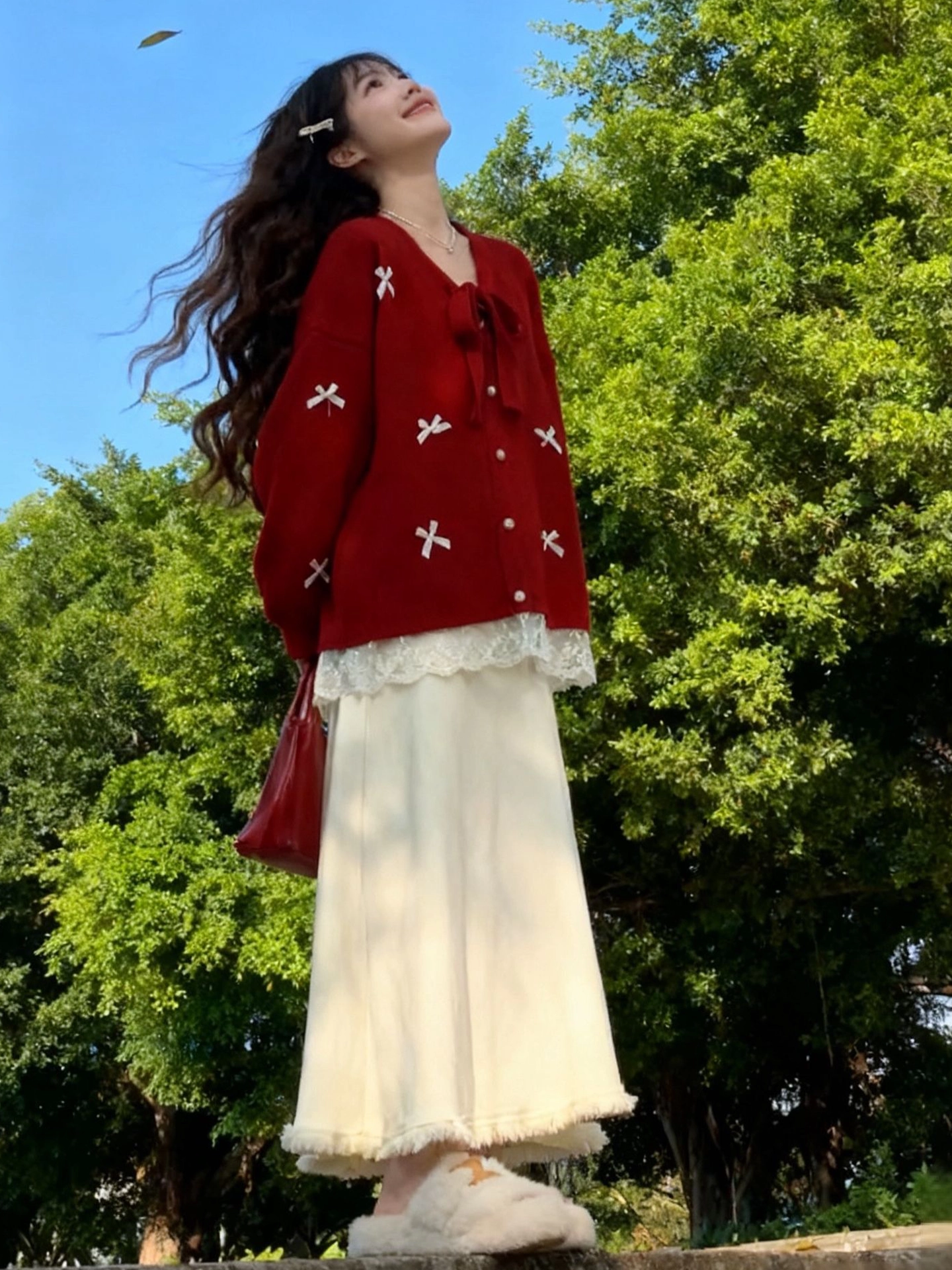 Áo len cardigan giả hai mảnh màu đỏ lấy cảm hứng từ thiết kế CuteGirl dành cho nữ áo khoác dệt kim có nút thắt nơ đầu xuân
