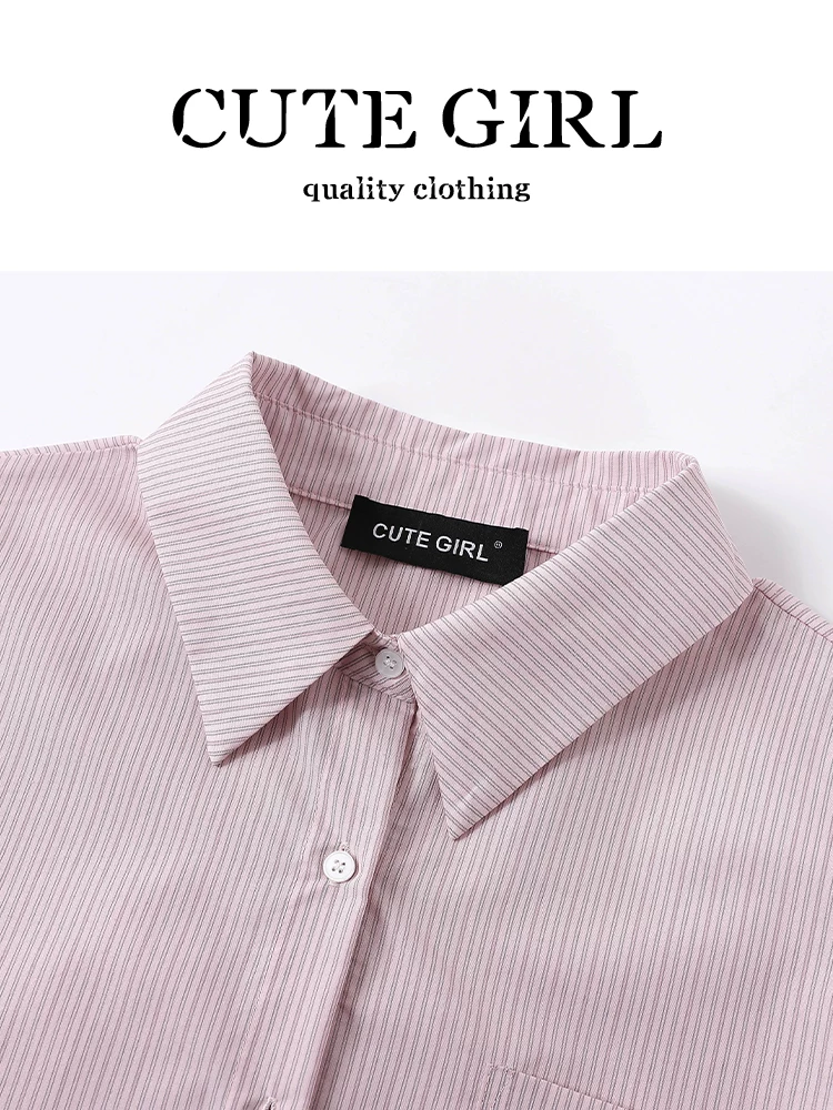 Áo sơ mi cổ polo sọc hồng phong cách Hàn Quốc dành cho nữ, phong cách ngọt ngào mùa thu, áo sơ mi dáng rộng giản dị đa năng giảm tuổi tác