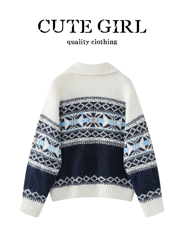 Áo len có khóa kéo jacquard Fair Isle lấy cảm hứng từ thiết kế CuteGirl dành cho nữ, phong cách mùa đông, dáng rộng và đa năng, chất liệu dệt kim có cổ.