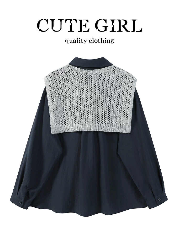 Áo sơ mi cổ polo màu xanh hải quân lấy cảm hứng từ thiết kế CuteGirl có khăn choàng dành cho nữ, áo sơ mi độc đáo, dáng rộng, đa năng, giản dị mùa thu