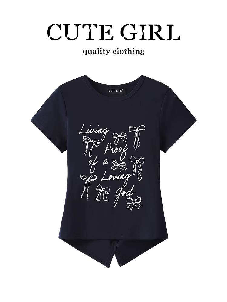 Áo thun ngắn tay in hình nơ phong cách Hàn Quốc dành cho nữ, phong cách ngọt ngào mùa hè, dáng ôm, áo đa năng và độc đáo