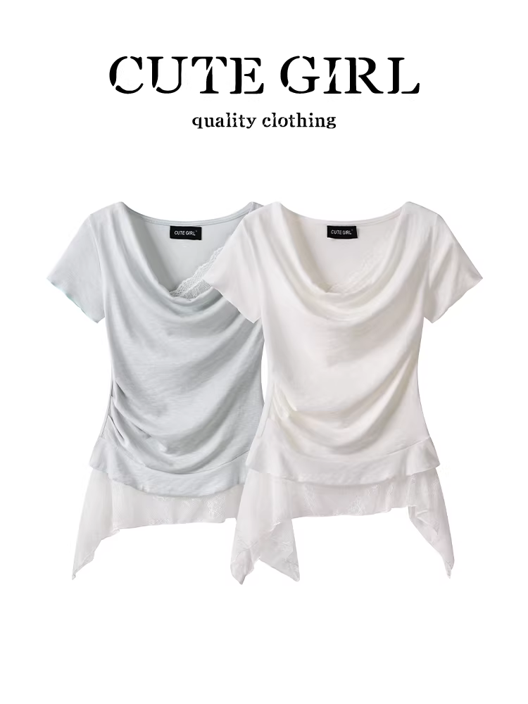CuteGirl cô gái cay cay phong cách khao khát thuần khiết Áo thun ngắn tay không đều ôm eo dành cho nữ mùa hè ren giả hai mảnh cổ áo kiểu swing