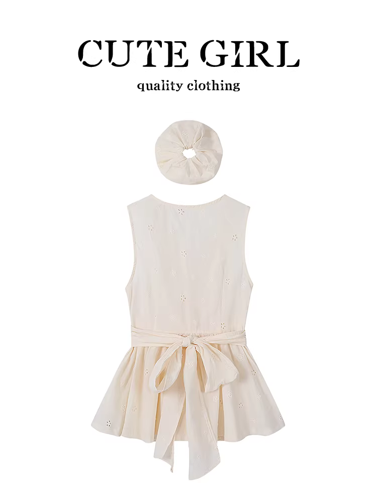 Áo vest không tay móc len kiểu Pháp dễ thương dành cho nữ trong mùa hè với áo thắt nơ thắt eo sang trọng