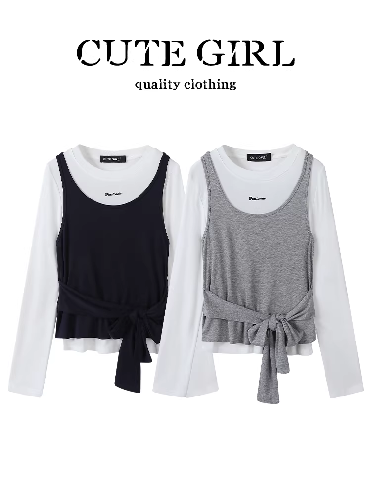 Bộ hai món áo thun dài tay màu xám xếp lớp phong cách dễ thương dành cho nữ trong mùa thu, áo dáng rộng và đa năng giúp giảm tuổi tác