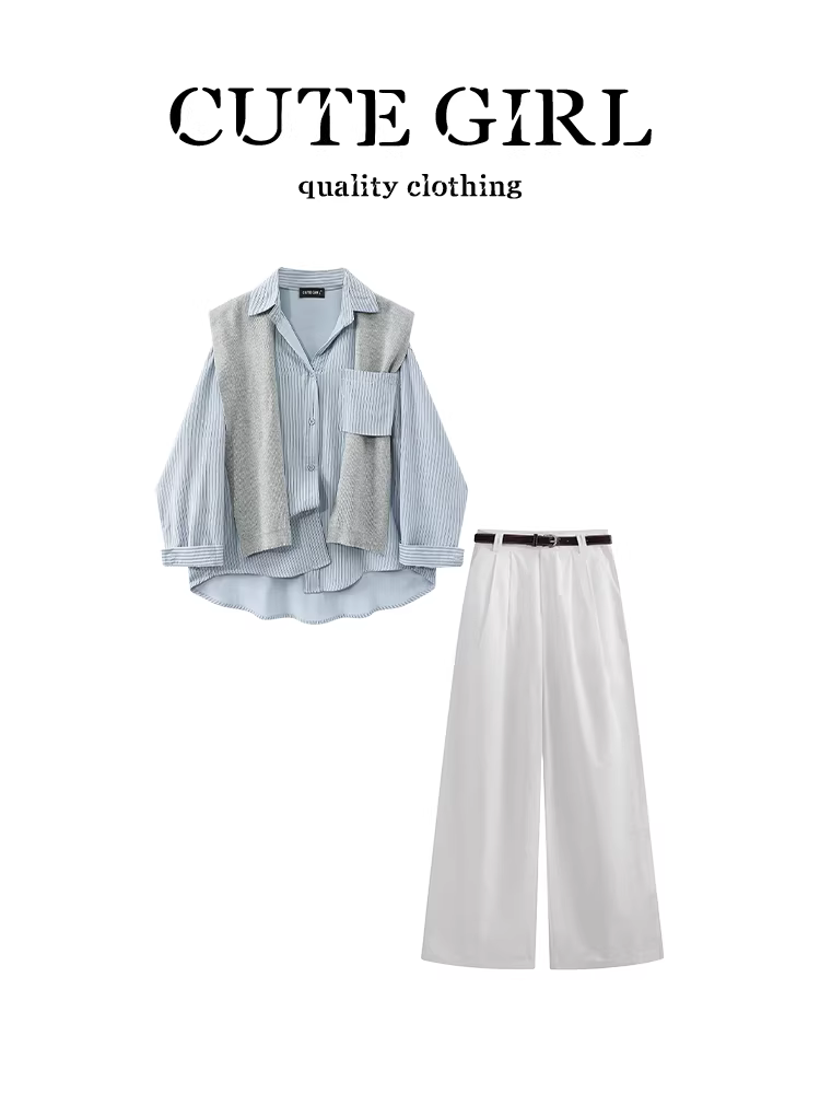 Bộ trang phục thu sớm phong cách Hàn Quốc dễ thương dành cho nữ gồm áo choàng, áo sọc, quần ống rộng màu trắng, bộ đồ hai mảnh