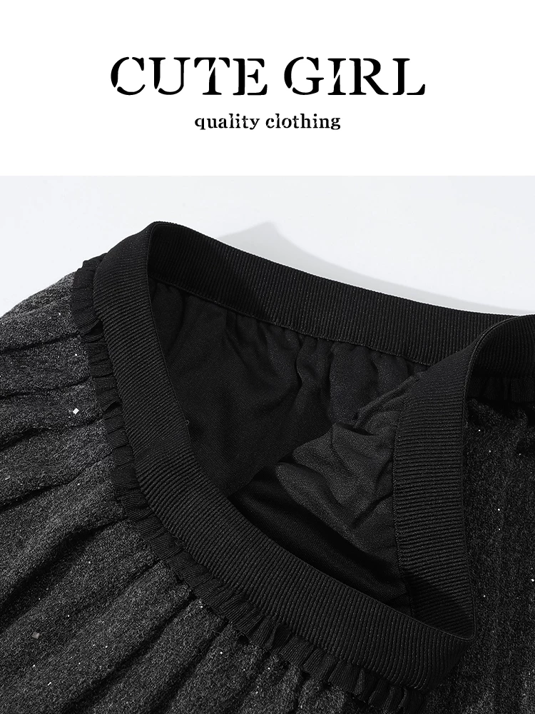 CuteGirl Váy xếp ly sequin mịn màu xám đậm phong cách Hàn Quốc dành cho nữ, váy đa năng cạp cao phong cách preppy mùa đông