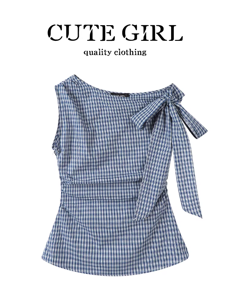 Áo sơ mi không tay thắt nơ kẻ sọc phong cách Hàn Quốc dành cho nữ, thiết kế mùa hè, dáng ôm, áo đa năng