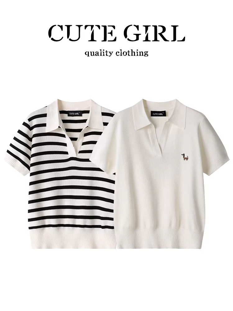 CuteGirl Hàn Quốc cổ điển cổ áo POLO dệt kim ngắn tay dành cho nữ thiết kế đầu thu dáng rộng giản dị đa năng