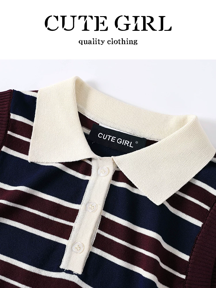 CuteGirl Hàn Quốc cổ điển cổ POLO sọc dệt kim không tay mùa hè dành cho nữ váy hoa lưng cao hai mảnh