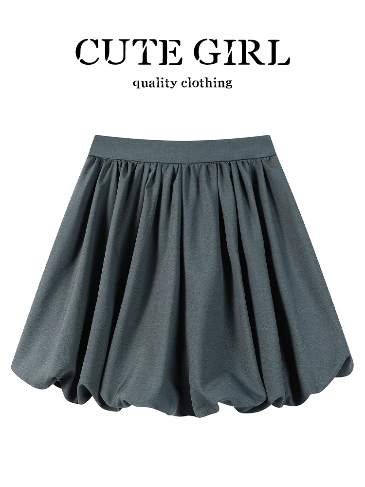 Váy hoa màu xám phong cách preppy của CuteGirl dành cho nữ, váy ngắn phồng eo cao mùa thu đa năng dành cho người nhỏ nhắn