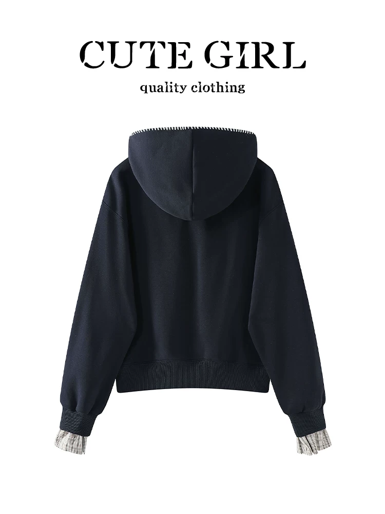 Áo nỉ mũ chắp vá phong cách preppy của CuteGirl dành cho nữ, thiết kế thu đông, dáng rộng và đa năng, áo giảm tuổi tác