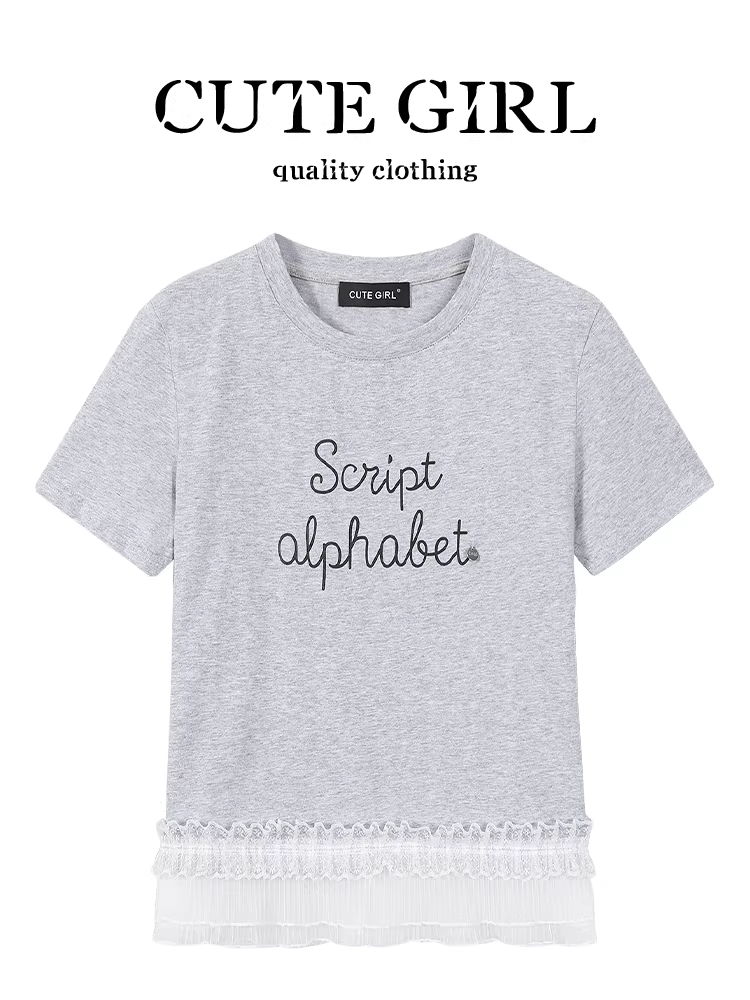 Áo thun ngắn tay cổ tròn phối ren màu xám phong cách Hàn Quốc dành cho nữ, áo mùa hè độc đáo và đẹp mắt với cảm giác thiết kế