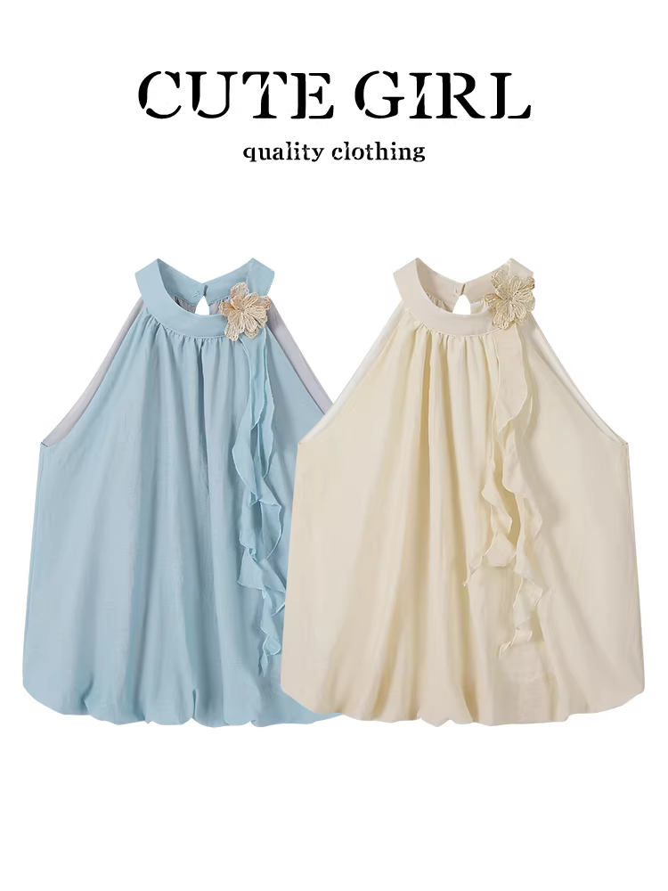 Áo ba lỗ cổ yếm có dây buộc hoa ba chiều nhẹ nhàng phong cách Hàn Quốc dành cho nữ, áo trễ vai hình nụ hoa độc đáo mùa hè