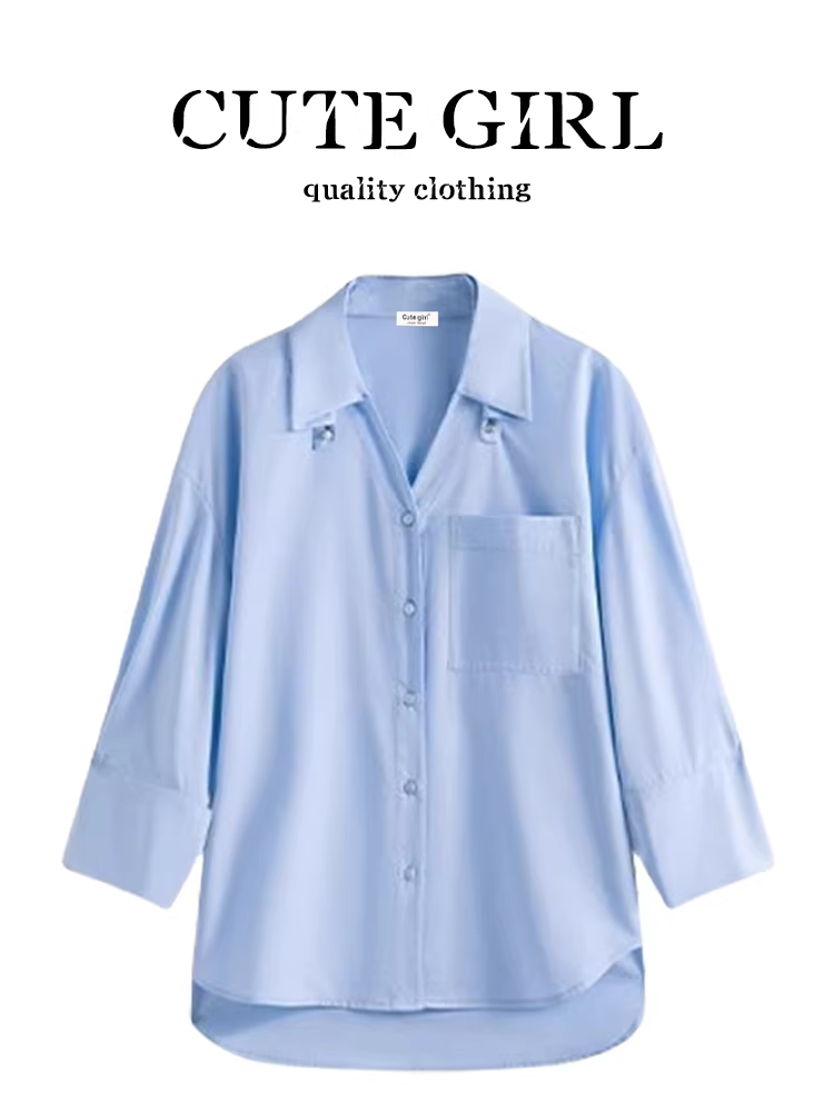 CuteGirl phong cách Pháp đơn giản quần áo công sở áo sơ mi màu xanh nữ mùa xuân giản dị đa năng áo sơ mi cổ chữ V tay năm phần tư