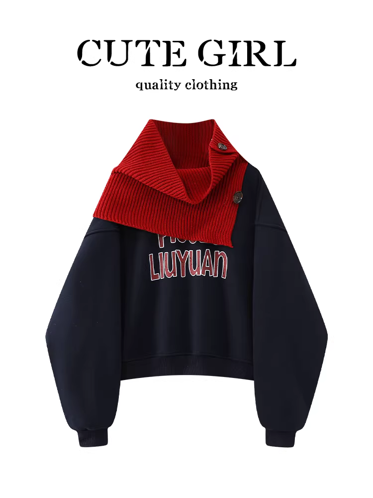 Áo len in chữ phong cách Hàn Quốc có khăn quàng cổ dành cho nữ, thiết kế thu đông, áo dáng rộng, giản dị và đa năng