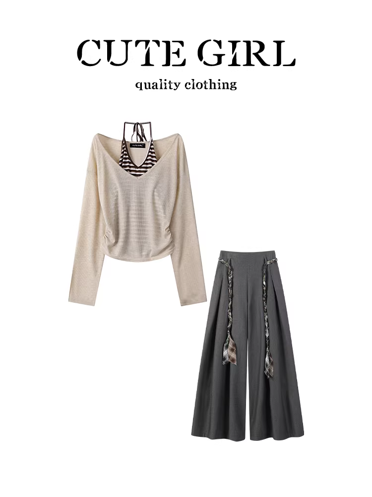 Trang phục phong cách thoải mái của CuteGirl: Bộ đồ hai mảnh dành cho nữ vào mùa thu, bao gồm áo thun dài tay cổ halter và quần ống rộng lưng cao.