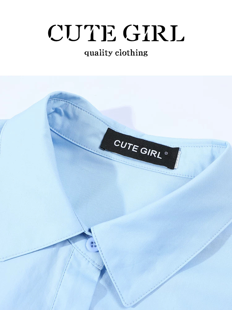 Áo sơ mi ngắn tay màu xanh giảm tuổi tác phong cách Hàn Quốc CuteGirl dành cho nữ, áo sơ mi ngắn kiểu preppy mùa hè sang trọng
