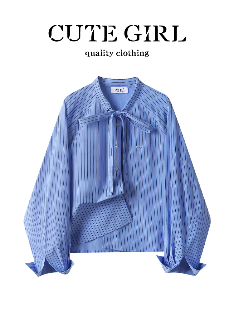 Áo sơ mi sọc xanh có dây buộc lấy cảm hứng từ thiết kế CuteGirl dành cho nữ, áo sơ mi dáng rộng đa năng giảm tuổi xuân