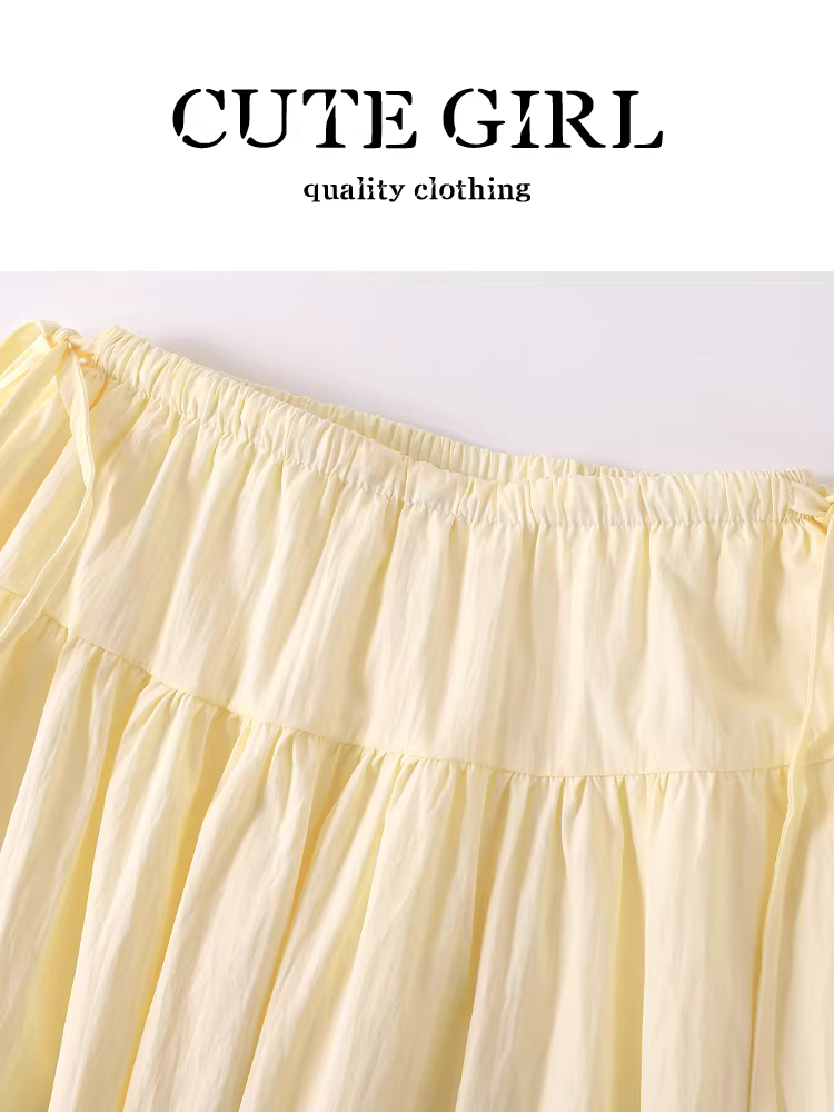 Váy dây rút màu vàng cao cấp phong cách Hàn Quốc dành cho nữ, váy chữ A dáng rộng lưng cao mùa hè