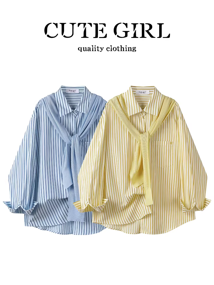 Áo sơ mi dài tay cổ polo sọc vàng phong cách Hàn Quốc dành cho nữ, áo sơ mi dáng rộng đa năng mùa thu có khăn choàng