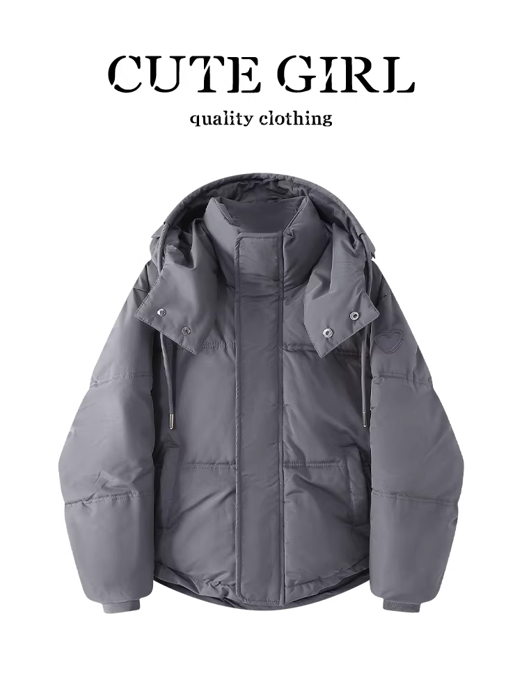 Áo khoác lông vịt trắng có mũ trùm đầu màu xám cổ đứng phong cách Hàn Quốc dành cho nữ, áo khoác phao dày cao cấp mùa đông.