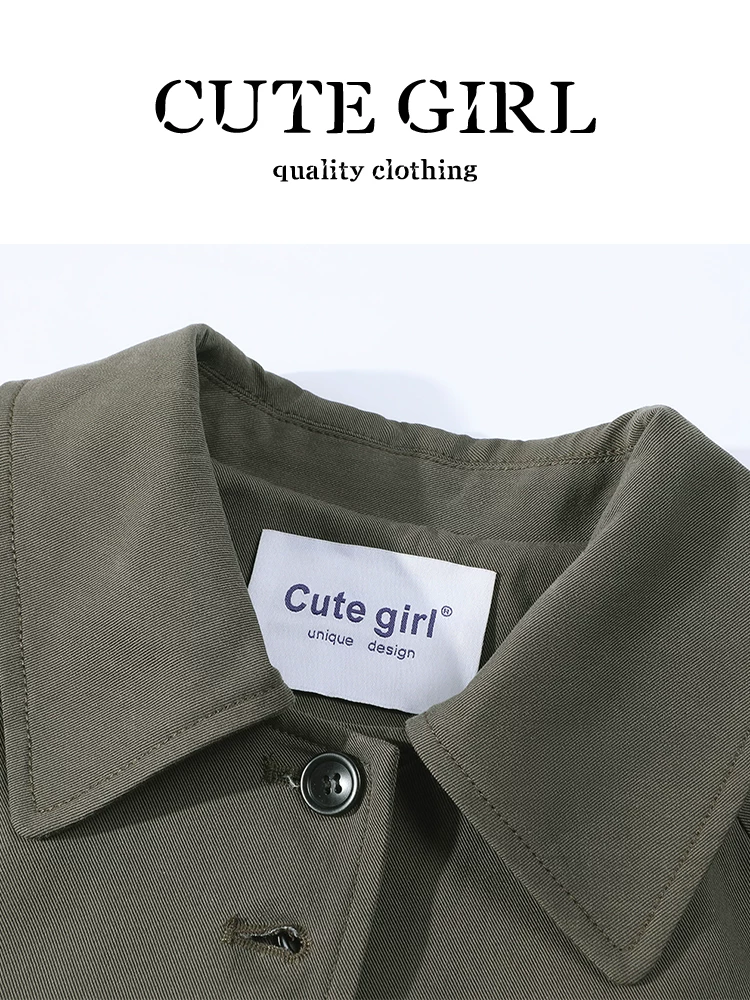 Áo khoác dài có cổ màu xám đậm kiểu cổ điển CuteGirl dành cho nữ, phong cách mùa thu, dáng rộng và giản dị, kết hợp với một chiếc túi.