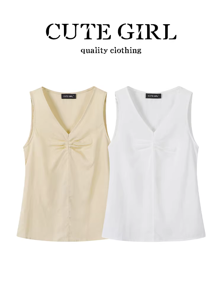 Áo vest cổ chữ V không tay màu trắng phong cách Hàn Quốc CuteGirl dành cho nữ, áo dáng rộng xếp ly độc đáo và tinh tế giúp giảm béo cho mùa hè