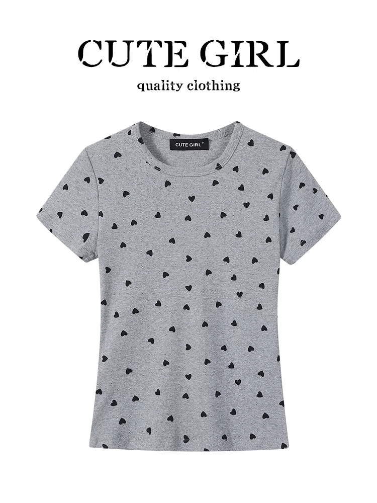 Áo thun ngắn tay cổ tròn chấm bi hình trái tim độc đáo của CuteGirl dành cho nữ, dáng ôm mùa hè, đa năng, giảm tuổi tác, áo trễ vai thông thường