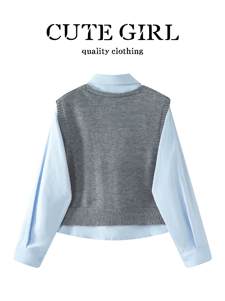 Áo vest dệt kim cổ xanh cổ điển của CuteGirl dành cho nữ, phong cách mùa thu, áo sơ mi xếp lớp rộng rãi và đa năng.