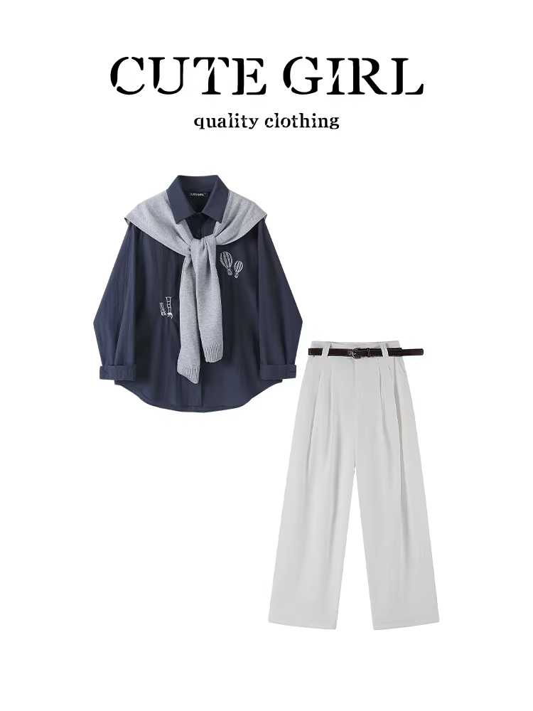 Bộ trang phục phong cách thoải mái của CuteGirl dành cho nữ mùa thu Áo sơ mi dài tay thêu kèm khăn choàng Bộ quần dài lưng cao thường ngày