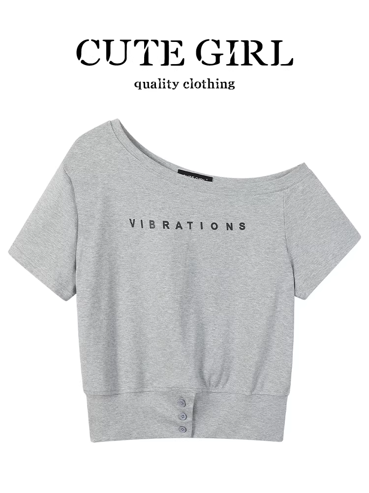 Áo thun ngắn tay lệch vai in chữ độc đáo và đẹp mắt theo phong cách Hàn Quốc dành cho nữ, áo công sở mùa hè đa năng