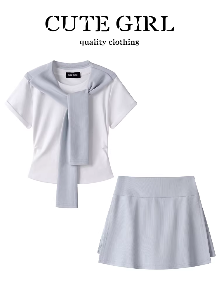 Bộ trang phục giảm tuổi tác phong cách Hàn Quốc CuteGirl dành cho nữ, áo thun khăn choàng màu trắng mùa hè và váy chữ A lưng cao hai mảnh