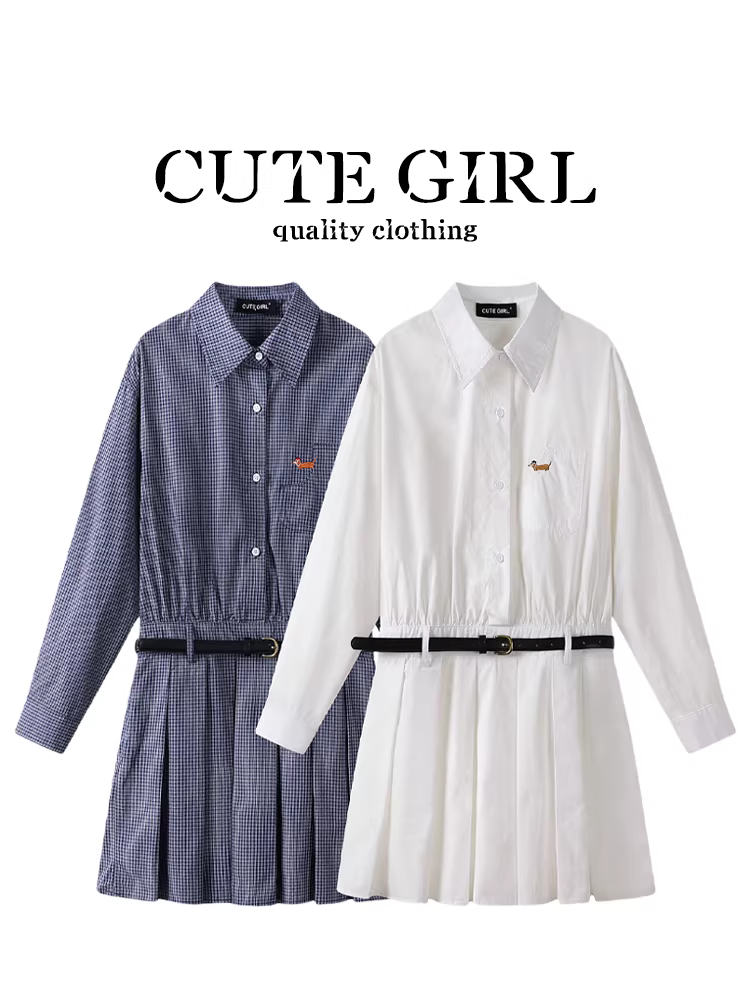 CuteGirl thiết kế váy trắng cổ polo thêu túi dành cho nữ mùa xuân váy sơ mi xếp ly giảm tuổi tác