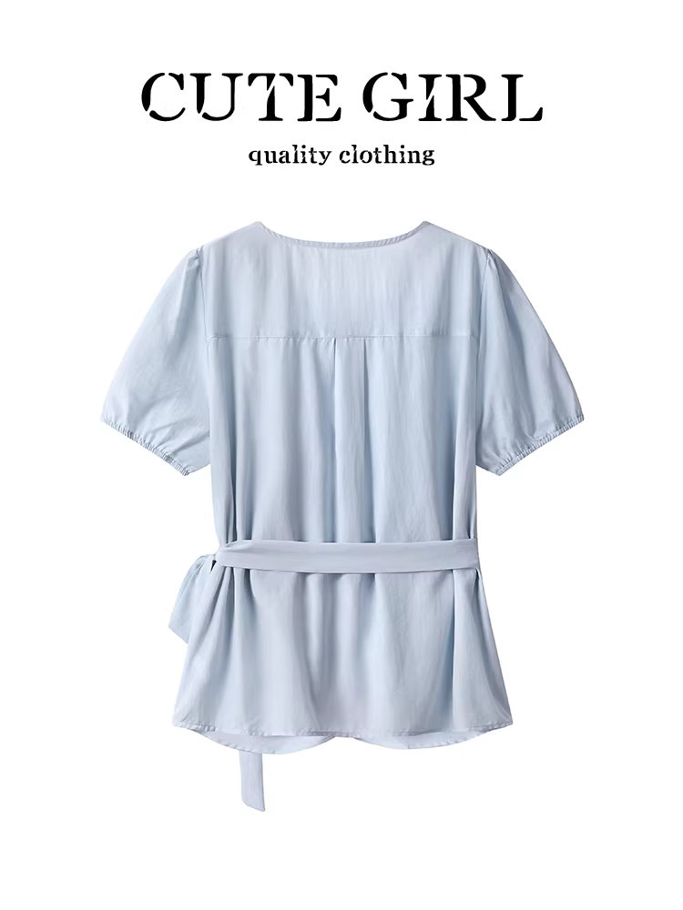 Áo sơ mi ngắn tay thiết kế theo phong cách Hàn Quốc cổ chữ V thắt eo dành cho nữ, áo tay phồng độc đáo mùa hè