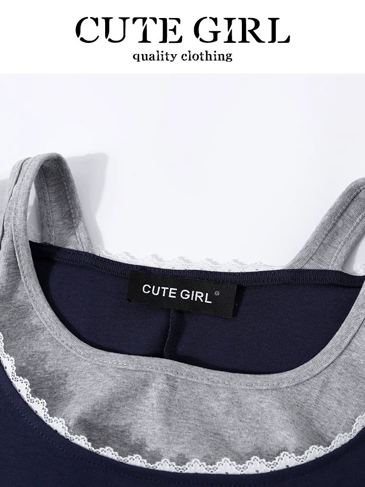 CuteGirl Váy dây đeo cổ phối ren giảm tuổi tác phong cách Hàn Quốc dành cho nữ, thiết kế mùa hè, váy ngắn giả hai mảnh ôm eo