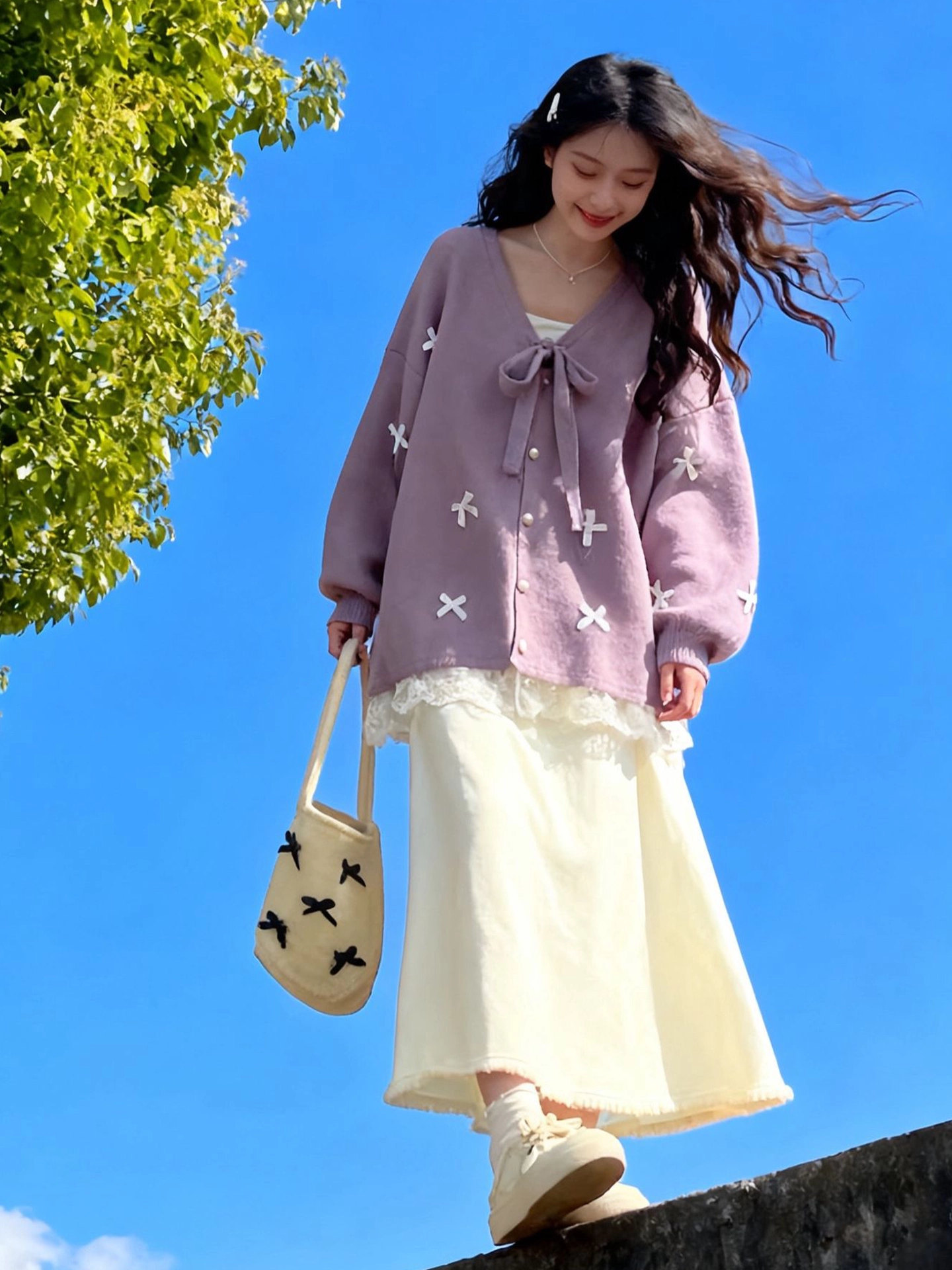 Áo len cardigan giả hai mảnh màu đỏ lấy cảm hứng từ thiết kế CuteGirl dành cho nữ áo khoác dệt kim có nút thắt nơ đầu xuân