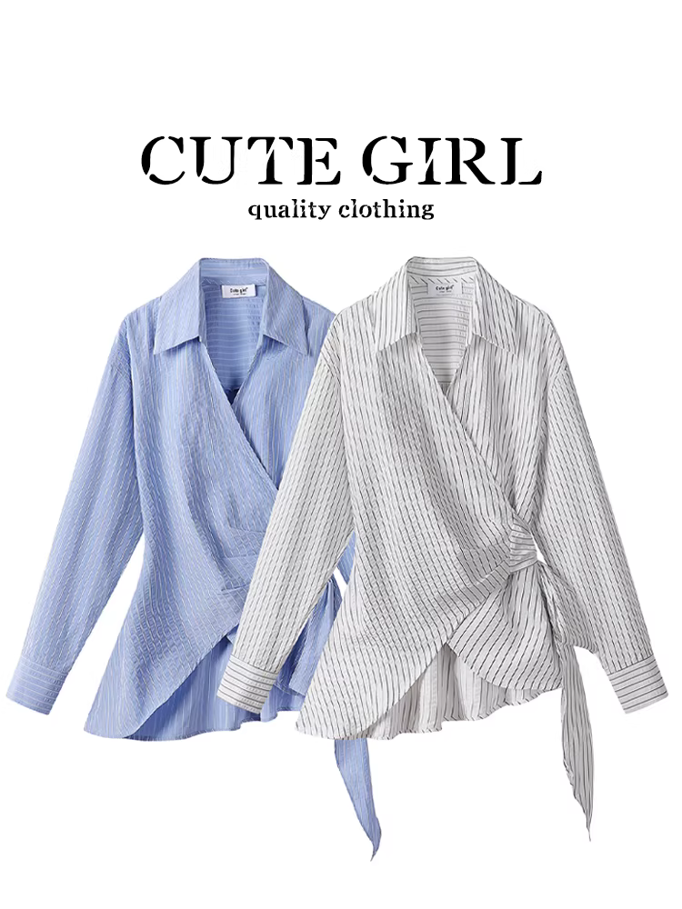 Áo sơ mi sọc không đều kiểu Pháp có dây buộc eo kiểu Pháp dành cho nữ, áo sơ mi mùa xuân độc đáo và đẹp mắt