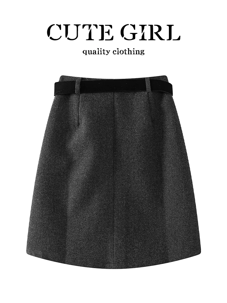 Váy len chấm bi màu xám cao cấp CuteGirl dành cho nữ, váy midi chữ A đa năng, cạp cao, kiểu dáng cổ điển mùa đông