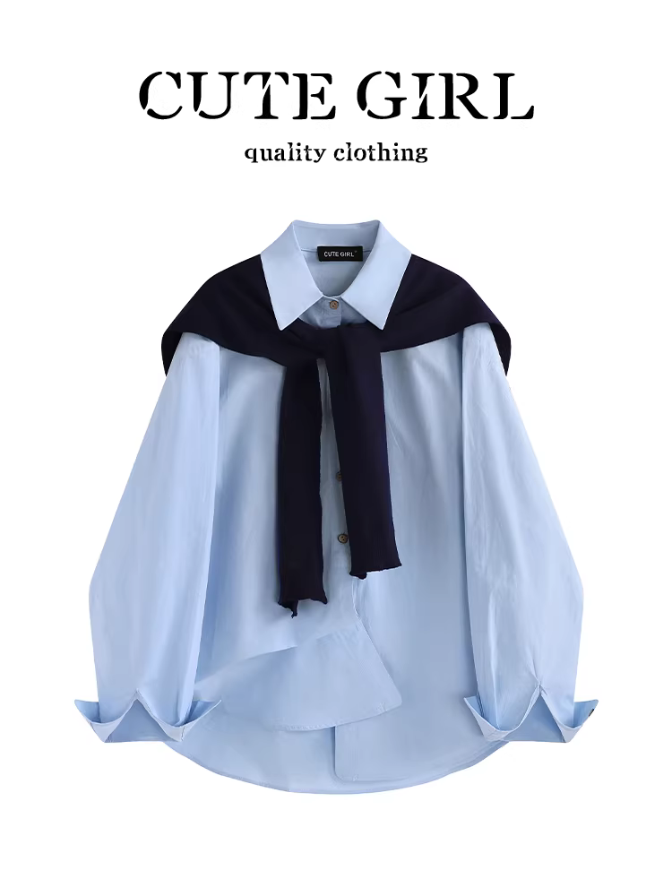 Áo sơ mi cổ polo màu xanh phong cách Hàn Quốc có khăn choàng dành cho nữ, thiết kế mùa thu, áo sơ mi đi làm rộng rãi và đa năng