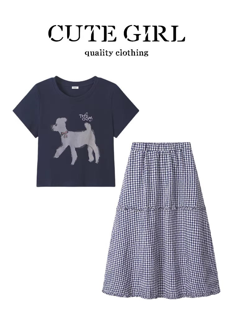 Trang phục mùa hè xinh xắn của CuteGirl, áo thun ngắn tay in hình chó con nữ, váy kẻ sọc bộ đồ hai mảnh