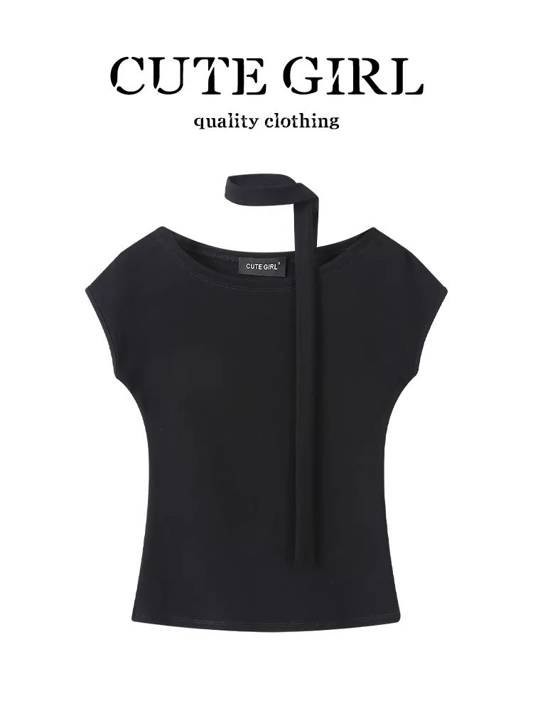 Áo thun nữ kiểu halter cổ dây nơ đen phong cách gợi cảm, quyến rũ, ôm dáng, mùa hè, kiểu dáng đẹp mắt