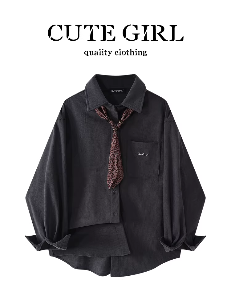 Áo sơ mi cổ polo vải nhung màu xám phong cách Hàn Quốc có khăn choàng cổ dành cho nữ, mùa thu đông, áo sơ mi thanh lịch, rộng rãi và đa năng