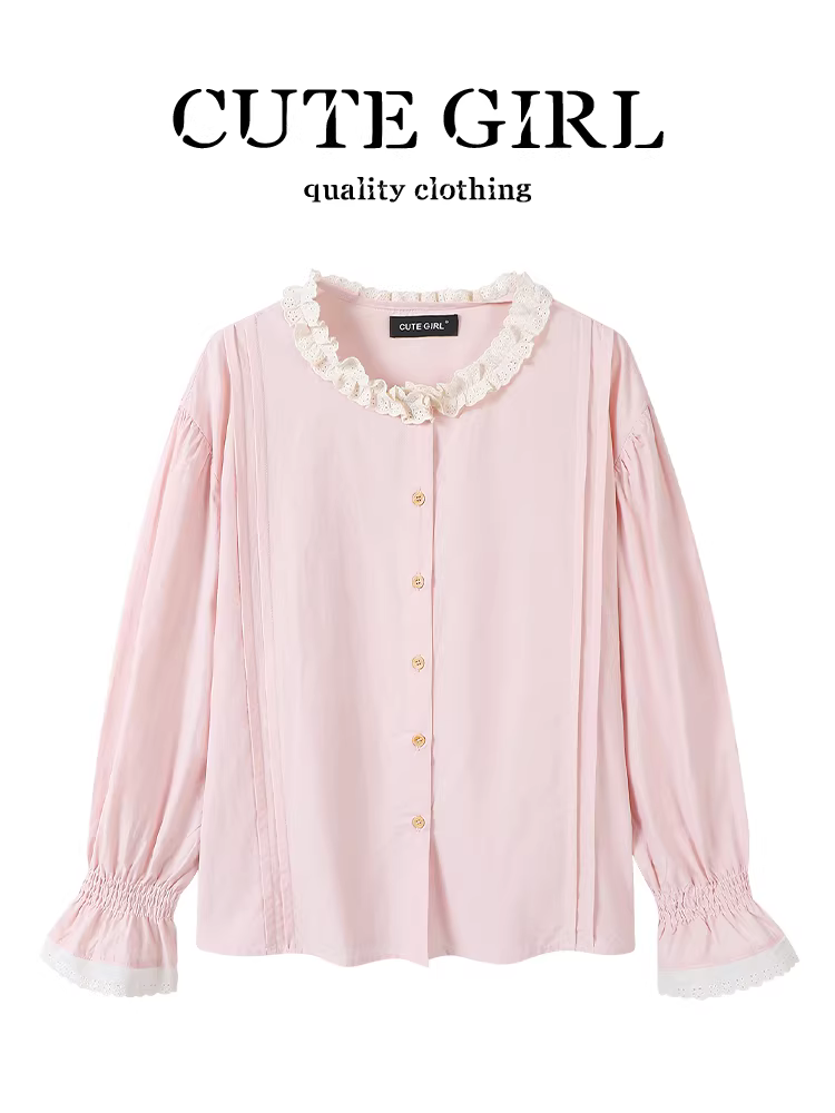 Áo sơ mi dài tay cổ ren màu hồng phong cách Hàn Quốc dành cho nữ, phong cách ngọt ngào mùa thu, dáng rộng và đa năng, áo sơ mi hợp thời trang giảm tuổi tác.