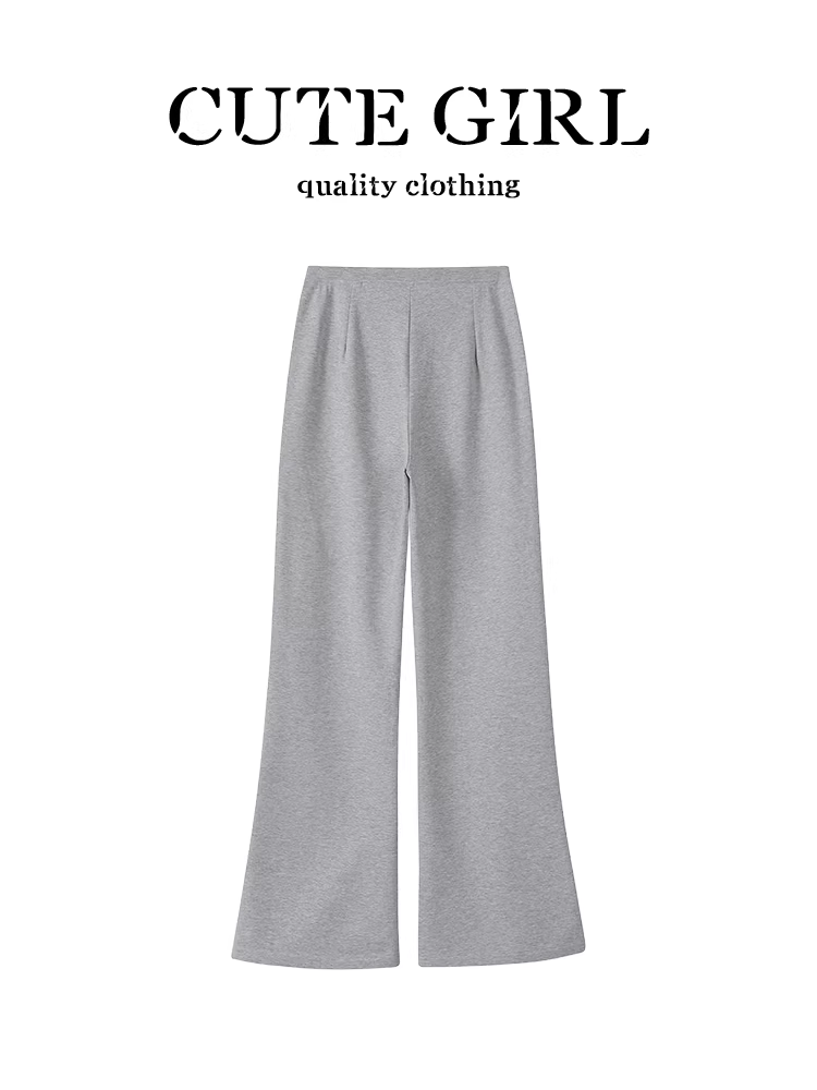 Quần âu lưng thun màu xám phong cách Hàn Quốc dành cho nữ, thiết kế mùa thu, lưng cao, giảm béo, quần ống đứng đa năng