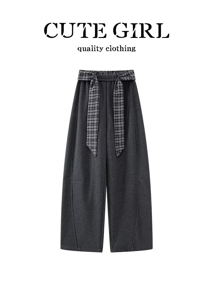 Quần ống rộng có dây rút màu xám đậm phong cách Hàn Quốc dành cho nữ, mùa thu đông, quần cắt kiểu dao đa năng, eo cao, thanh lịch, giảm béo