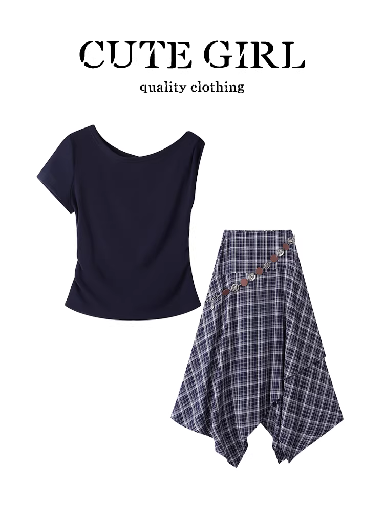 CuteGirl phong cách Hàn Quốc hot girl áo thun trễ vai xếp ly eo ngắn tay áo thun nữ mùa hè váy kẻ sọc không đều hai mảnh