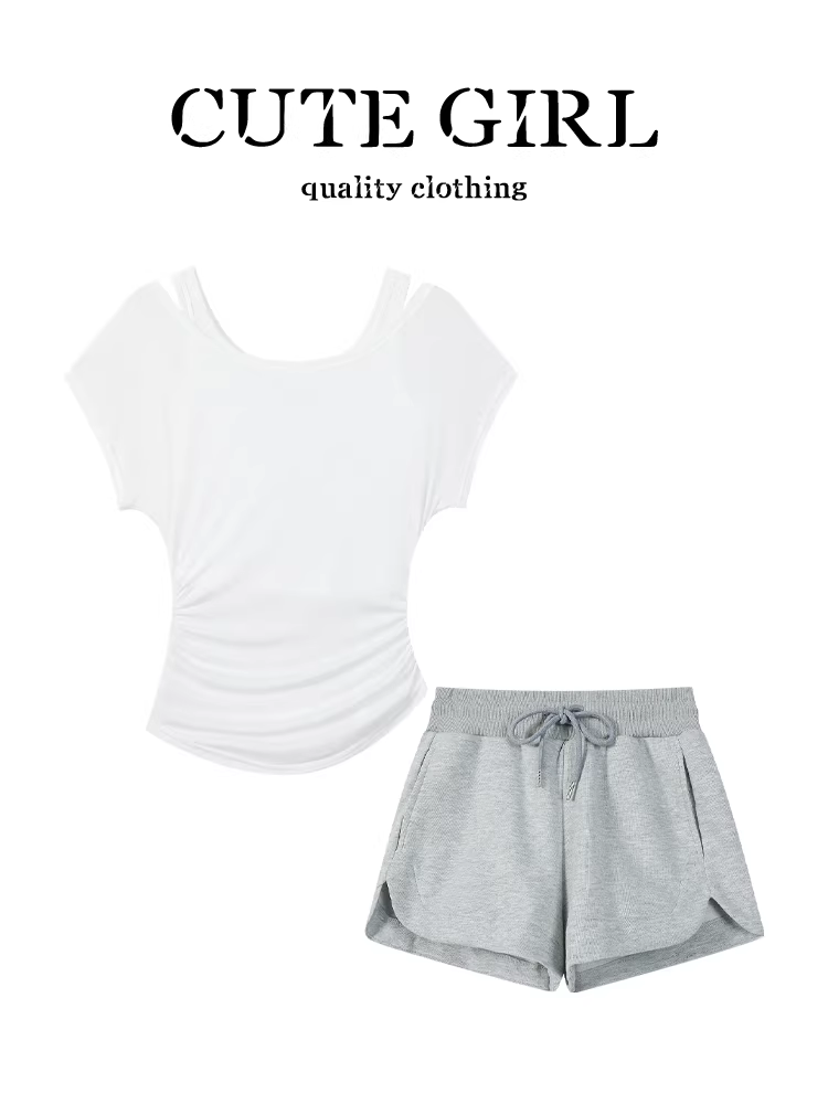 Bộ đồ hai mảnh giảm tuổi tác phong cách Hàn Quốc CuteGirl với áo thun ngắn tay ôm eo dành cho nữ, bộ đồ hai mảnh quần short ống rộng lưng cao mùa hè