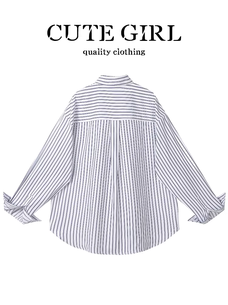 Áo sơ mi chống nắng sọc xanh trắng phong cách Hàn Quốc dễ thương dành cho nữ, áo khoác áo sơ mi đa năng dáng rộng mùa xuân