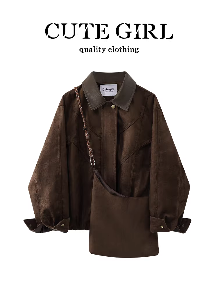 Áo khoác cổ da phối da lộn kiểu Mỹ cổ điển CuteGirl dành cho nữ trong mùa thu đông, áo khoác rộng rãi và đa năng, sang trọng