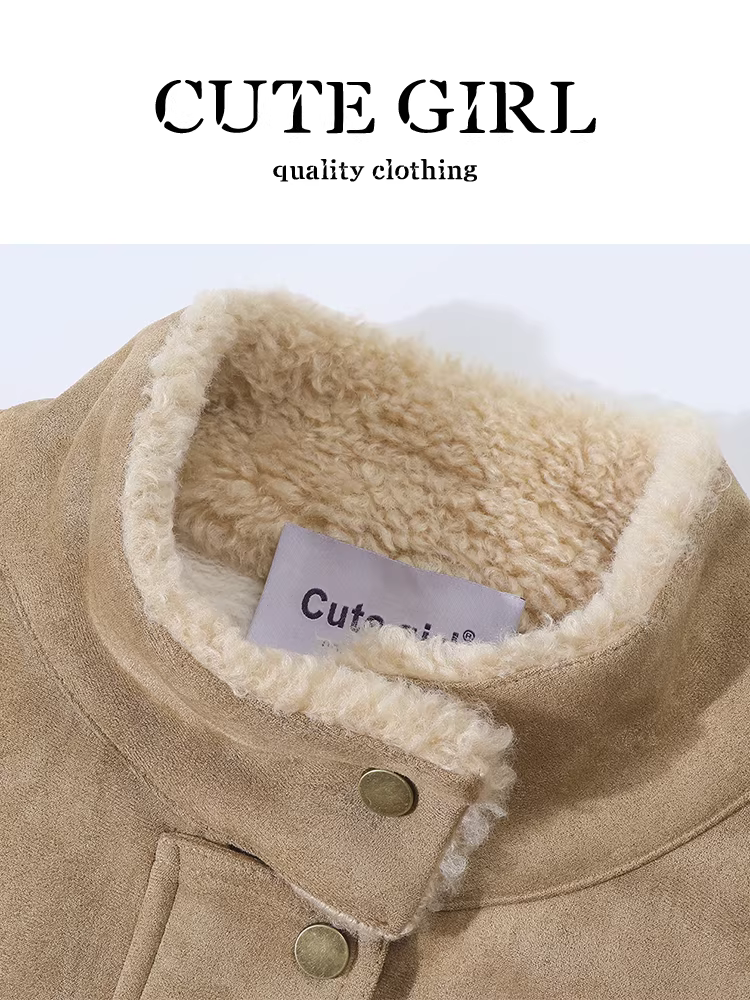 Áo khoác ngoài cổ đứng màu kaki cổ điển của CuteGirl bằng da lộn len cừu dành cho nữ mùa thu đông áo khoác lót lông cừu rộng rãi và đa năng
